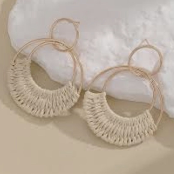Gold and Cream Hoop Earrings - Picture 2 of 2